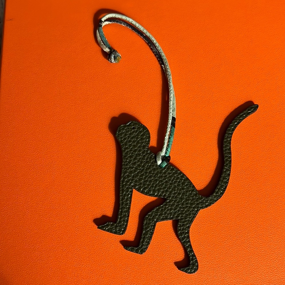 Hermès green leather petit h togo & epsom monkey charm